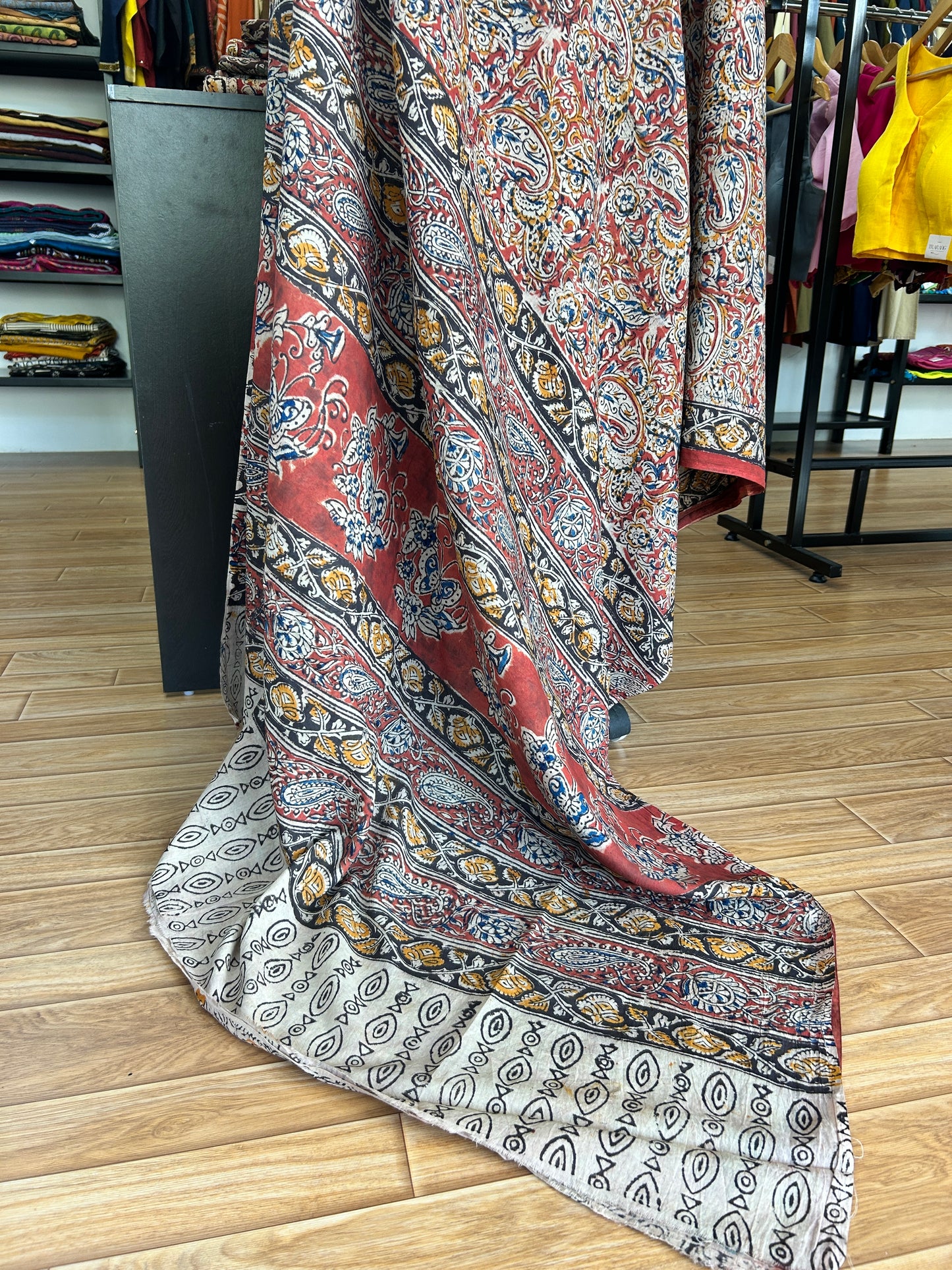 Red kalamkari mul saree