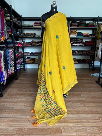 YELLOW EMBROIDERED MUL SAREE