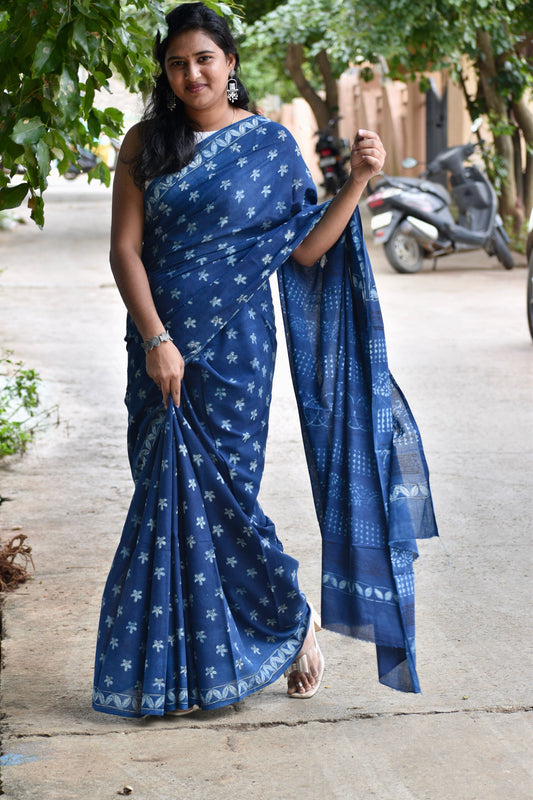 Blue dabu mul saree