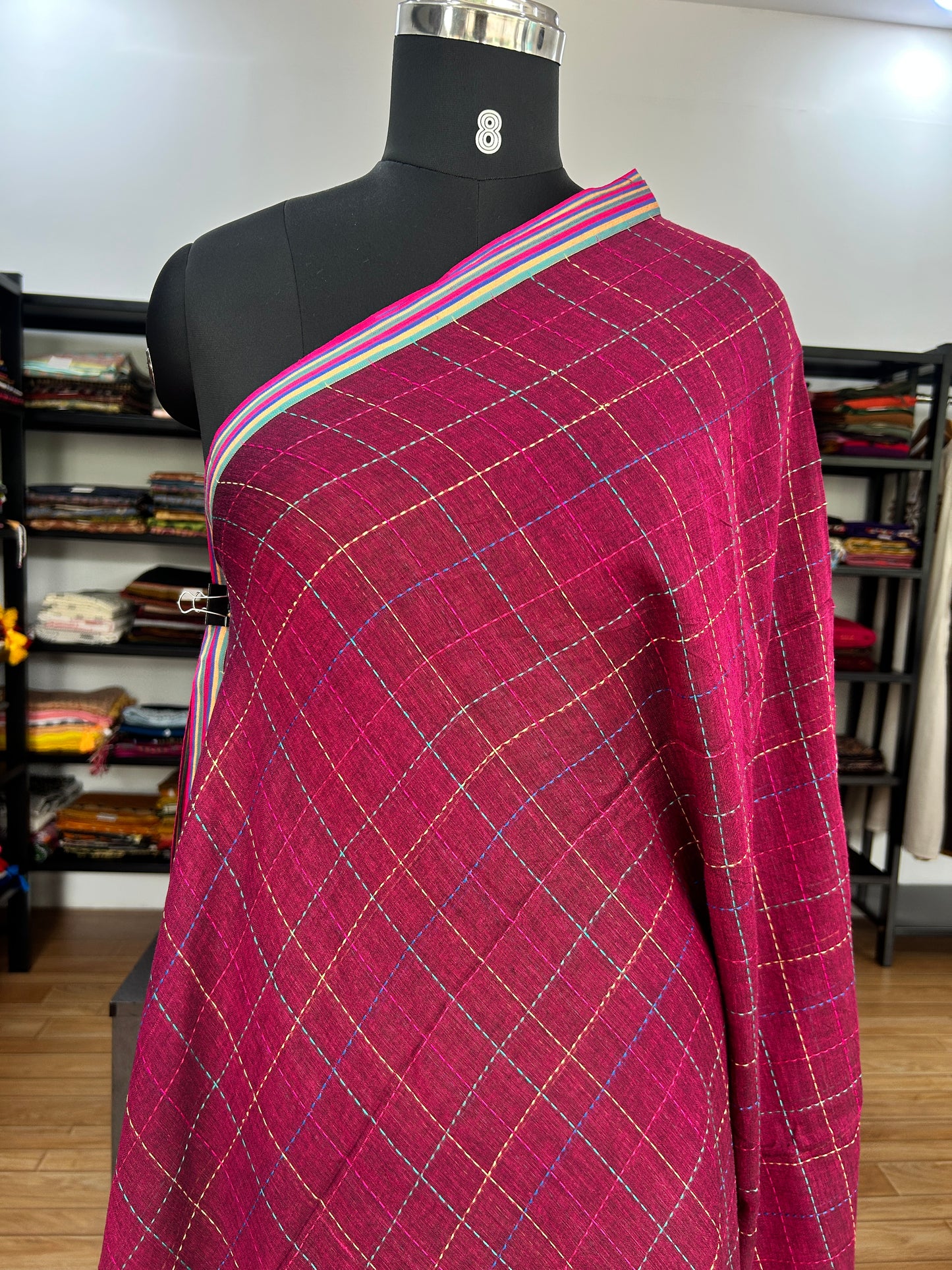 PINK KATHA CHECKS  MUL SAREE
