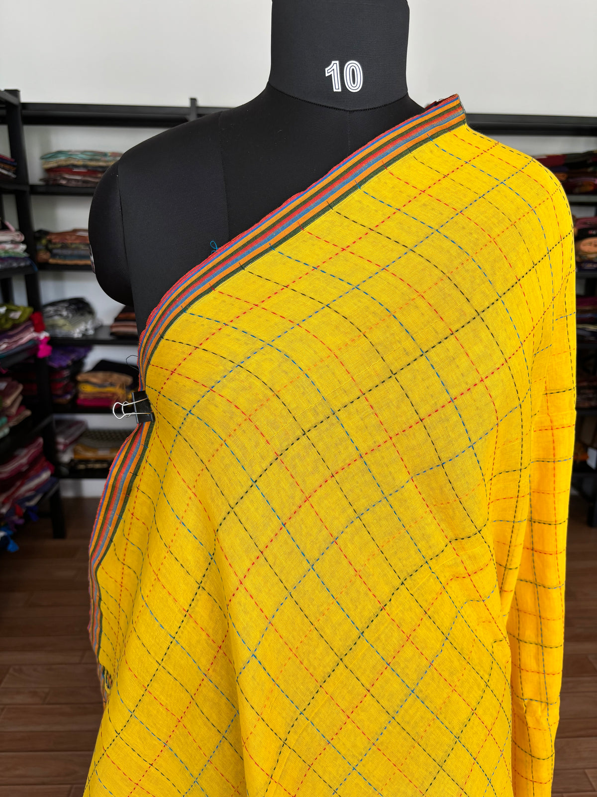 YELLOW KATHA CHECKS  MUL SAREE