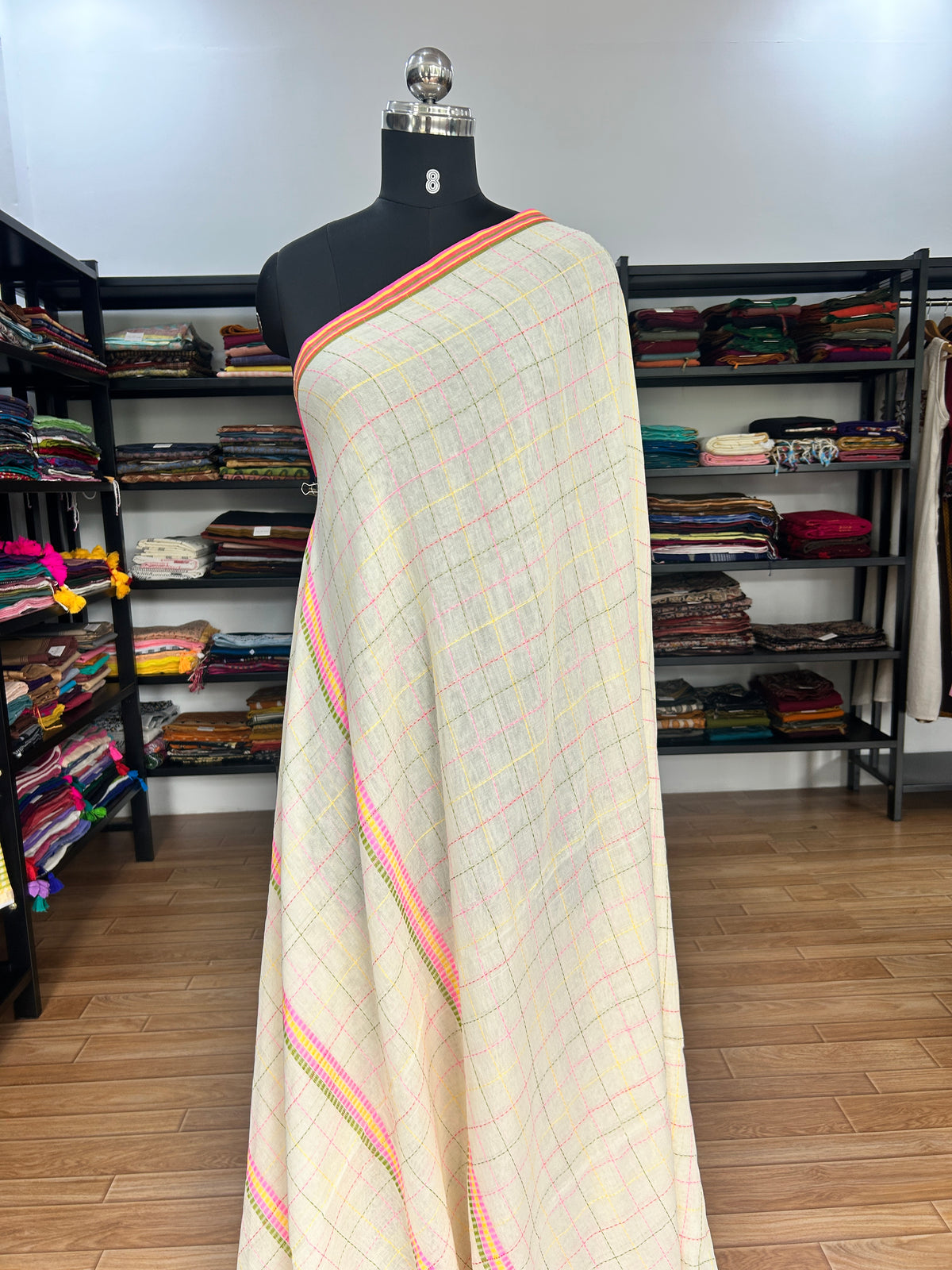 WHITE KATHA CHECKS  MUL SAREE