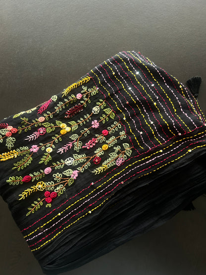 BLACK EMBROIDERY MUL SAREE