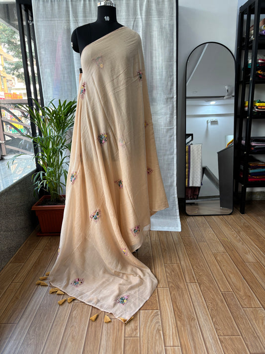 BEIGE EMBROIDERED MUL SAREE