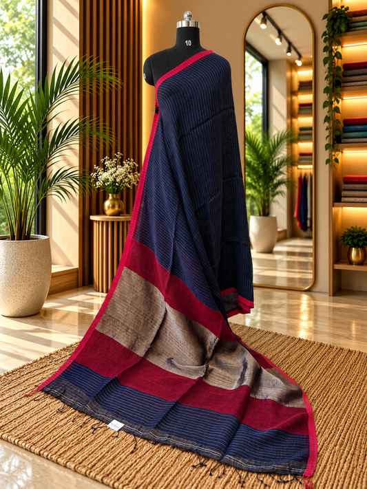 BLUE PURE LINEN SAREE