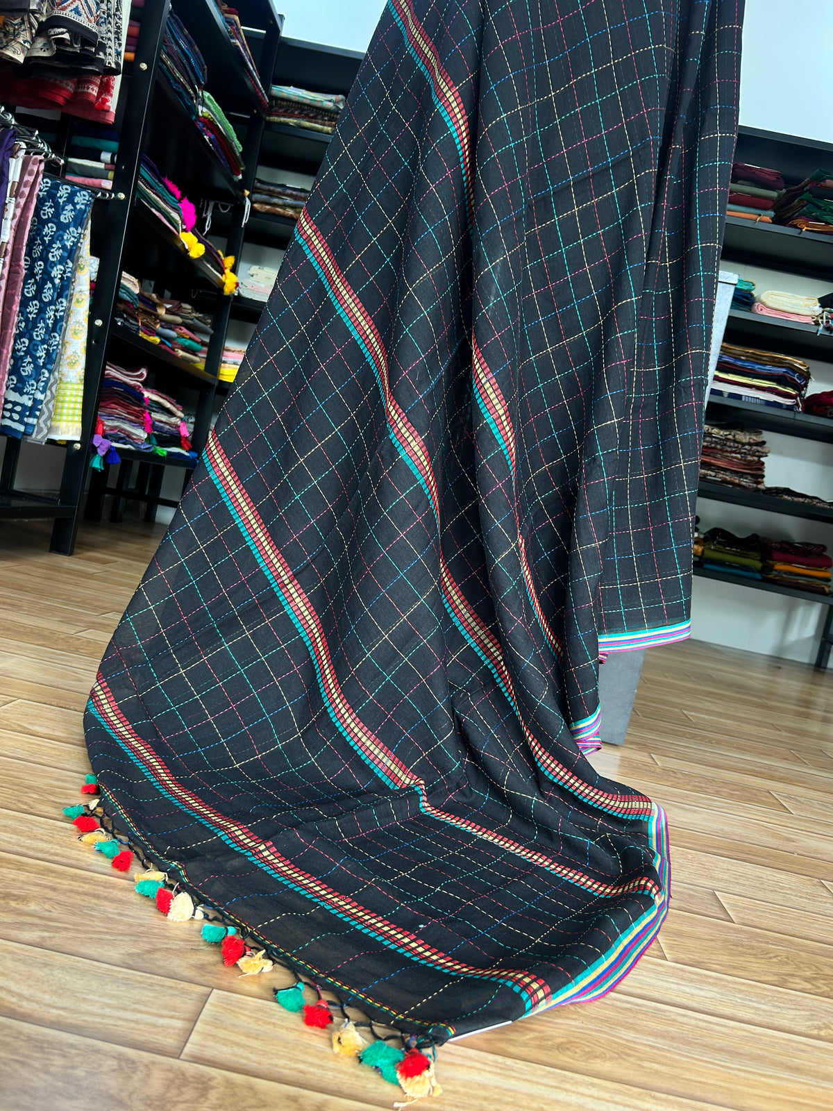 BLACK KATHA CHECKS  MUL SAREE