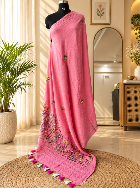 PINK EMBROIDERED MUL SAREE