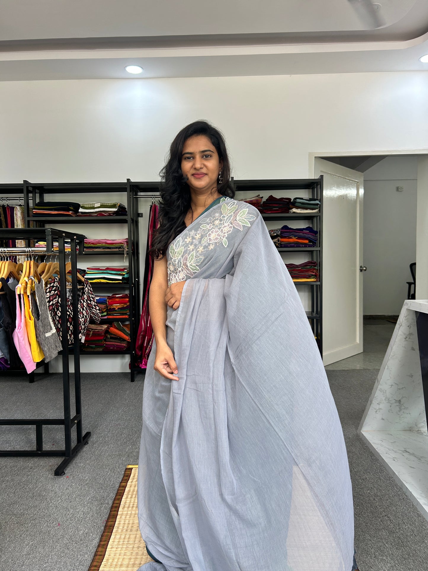 GREY SEQUIN MUL SAREE