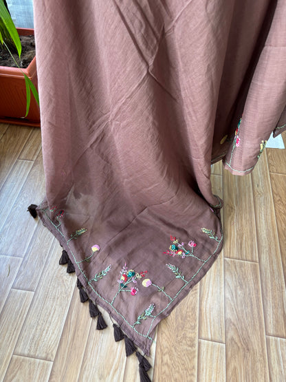 BROWN EMBROIDERED MUL SAREE