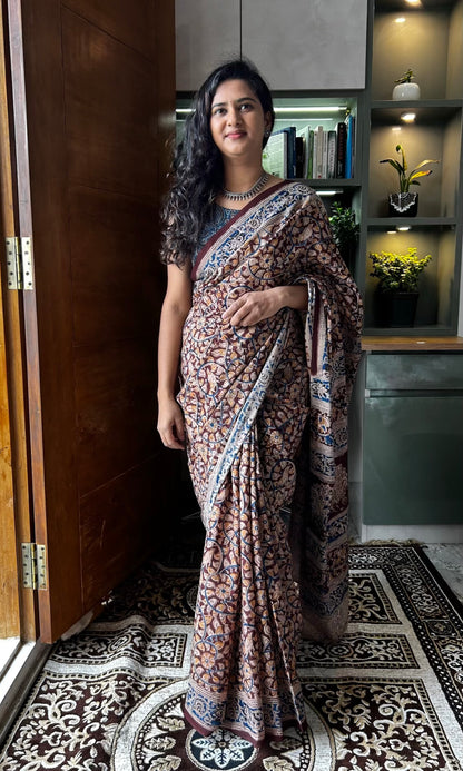 Brown kalamkari mul saree