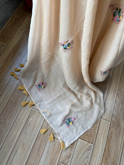BEIGE EMBROIDERED MUL SAREE