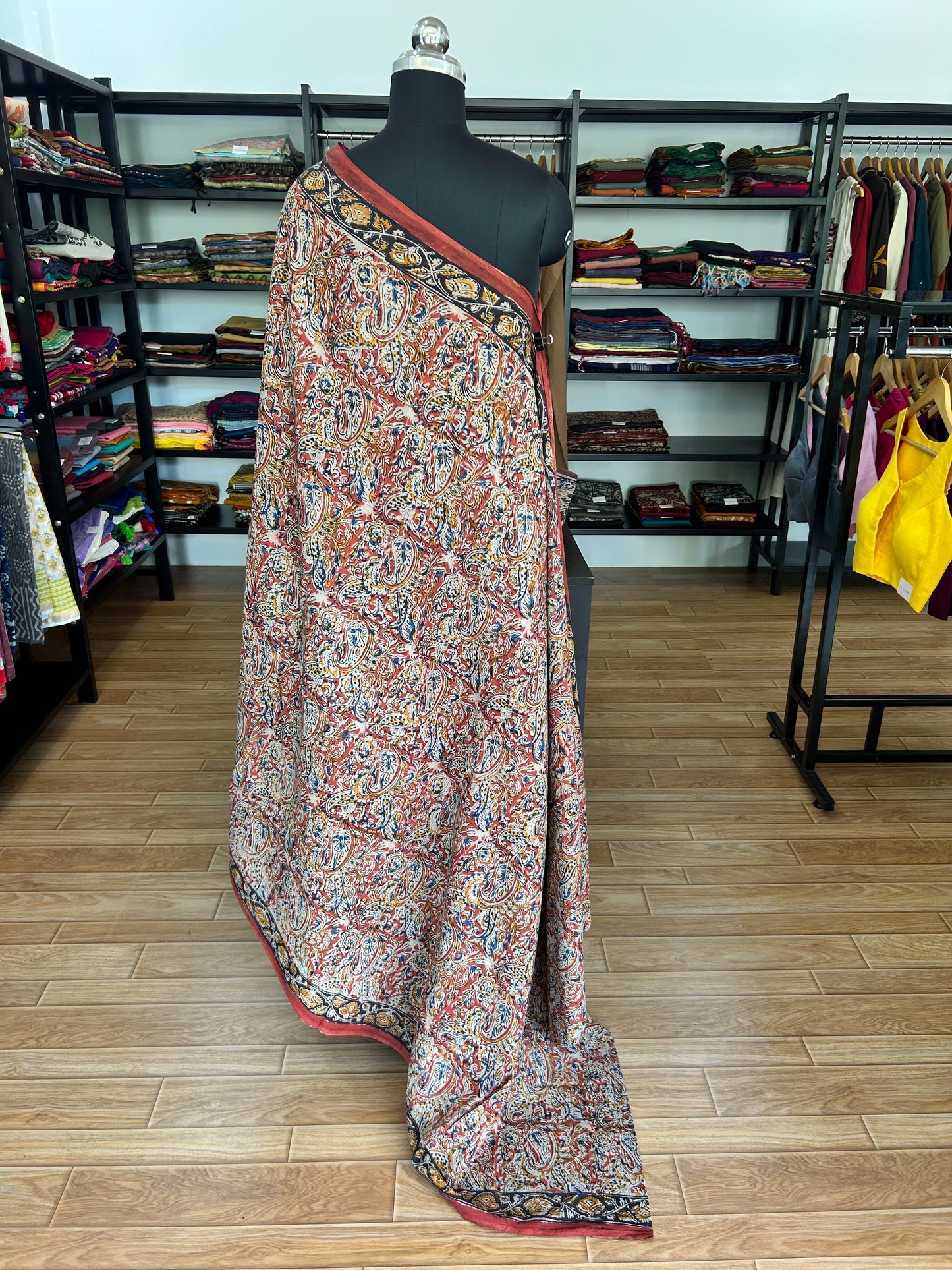 Red kalamkari mul saree