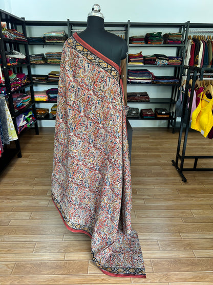 Red kalamkari mul saree