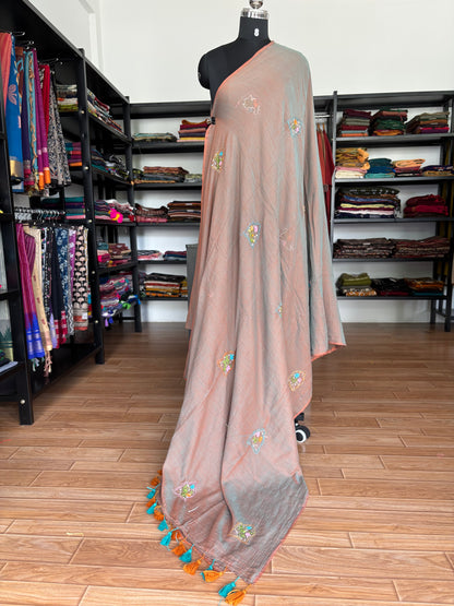 BROWN EMBROIDERED MUL SAREE