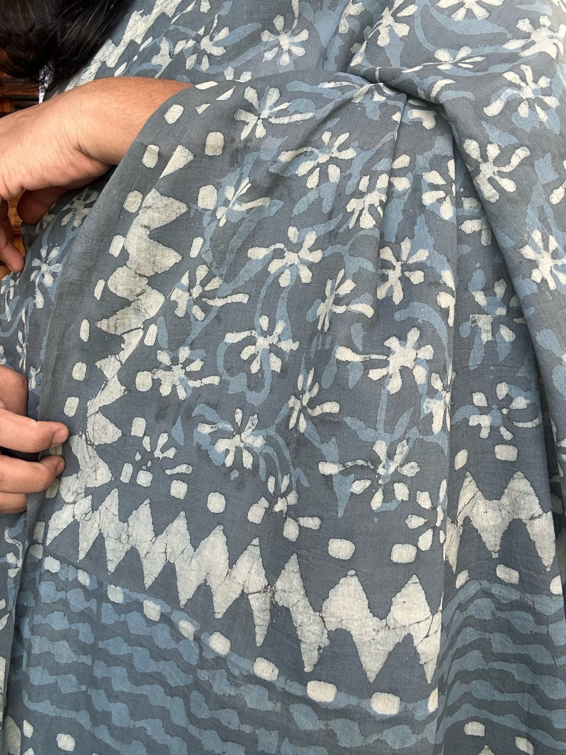 Grey handblock mulmul cotton saree