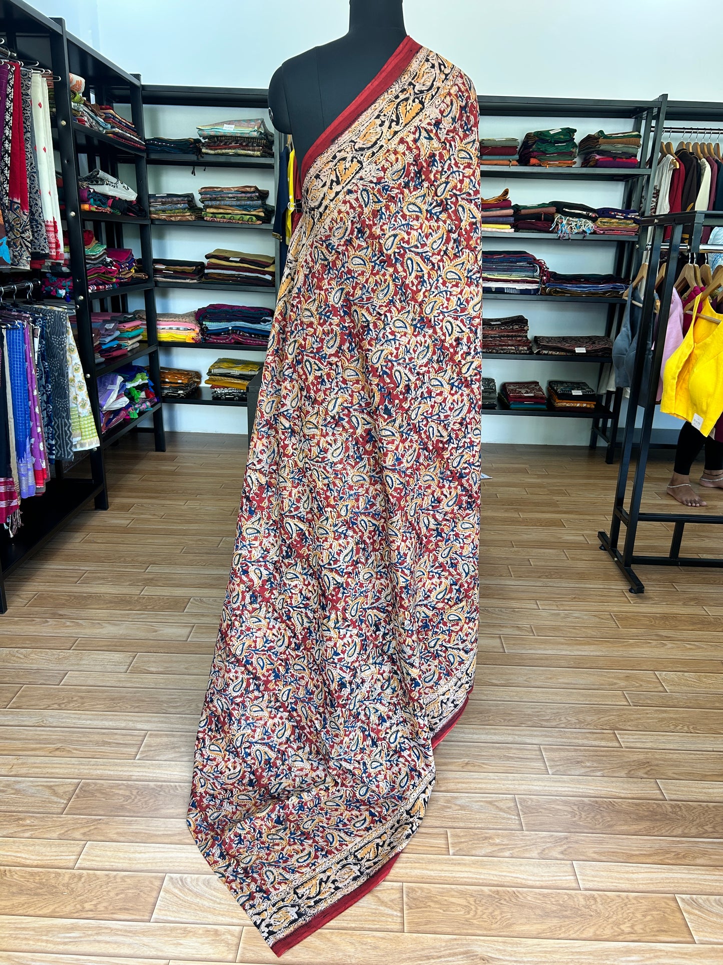 Red kalamkari mul saree