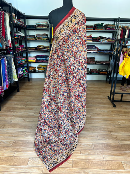 Red kalamkari mul saree