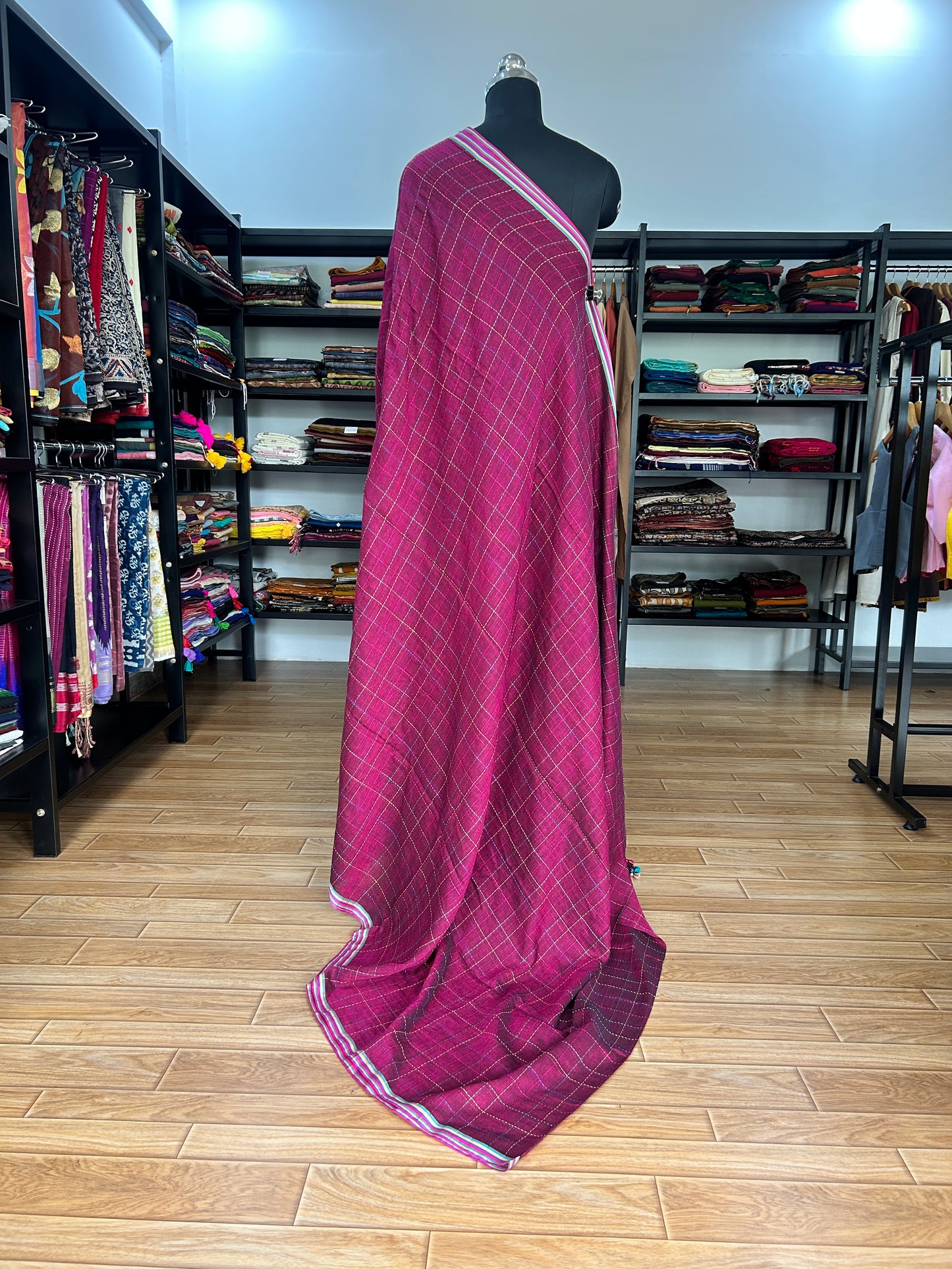 PINK KATHA CHECKS  MUL SAREE