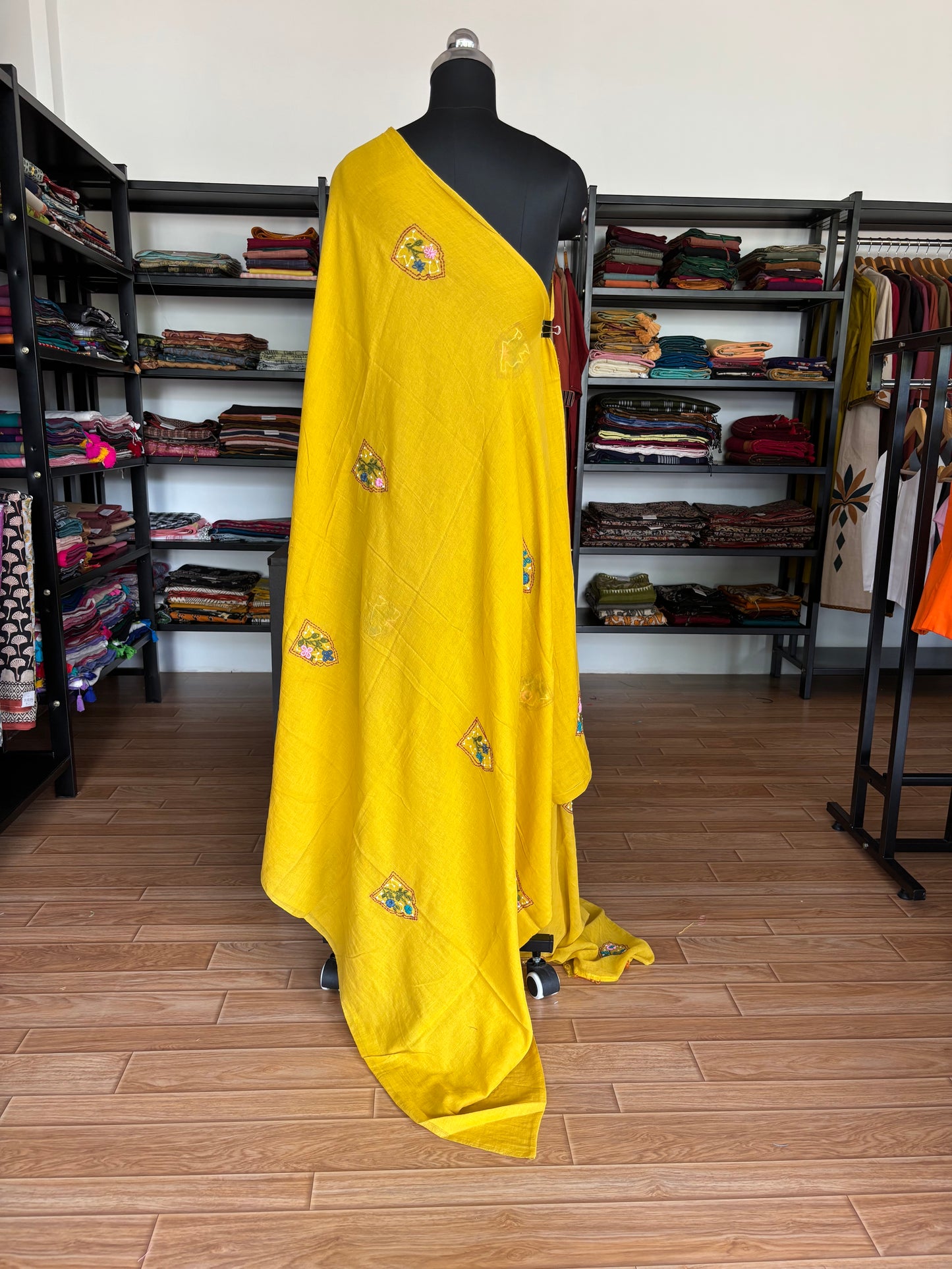 YELLOW EMBROIDERED MUL SAREE