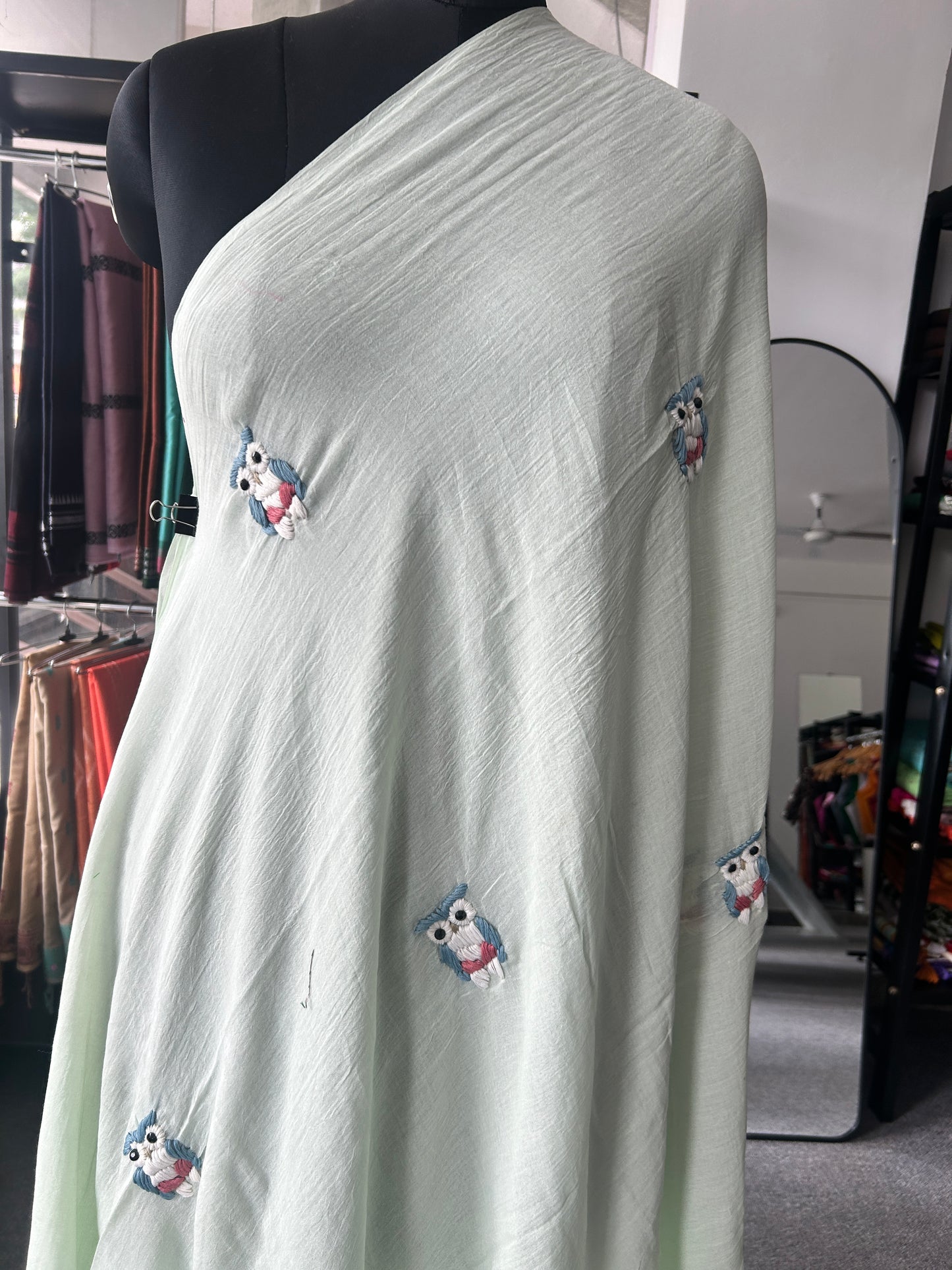 PASTEL GREEN OWL MUL SAREE