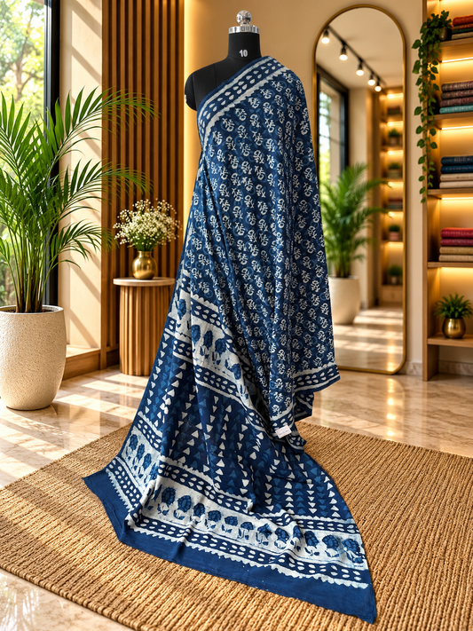 BLUE DABU MUL SAREE