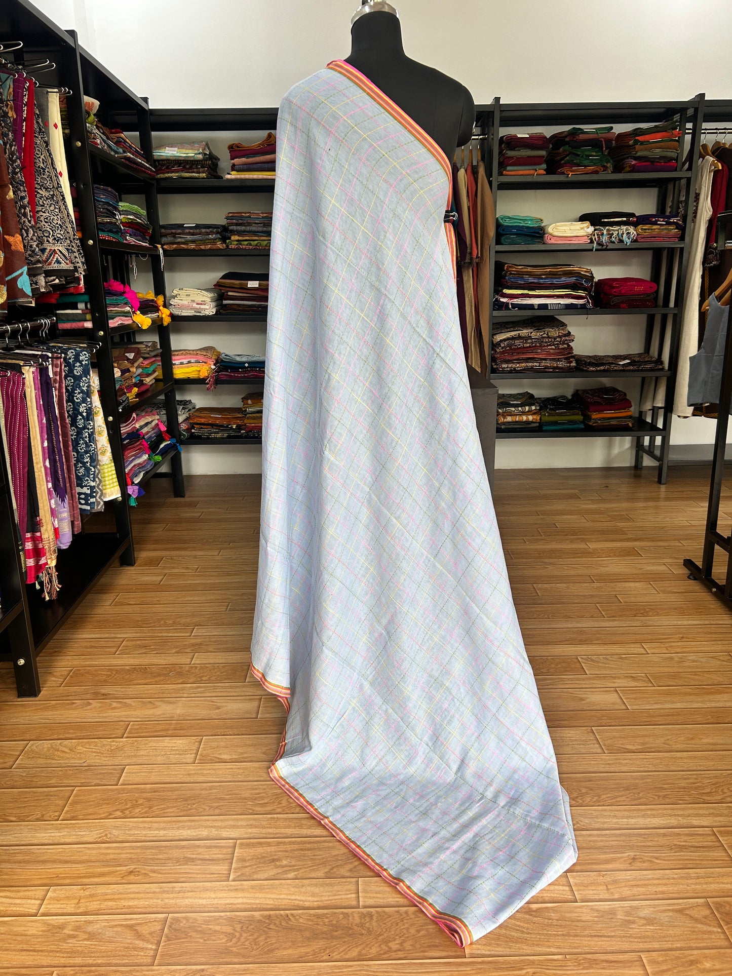 GREY KATHA CHECKS  MUL SAREE