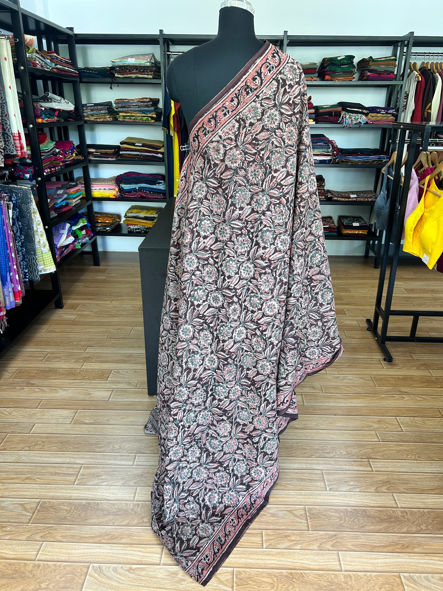 Brown kalamkari mul saree
