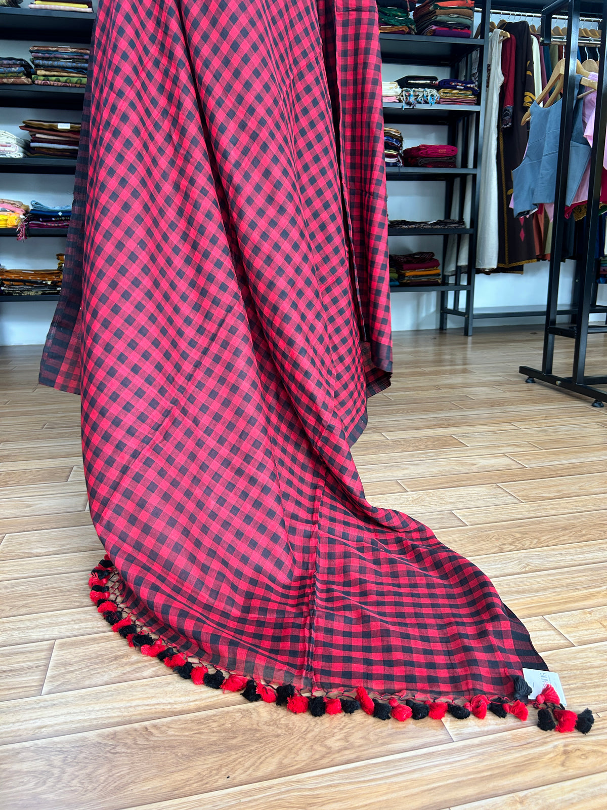 RED CHECKS  MUL SAREE