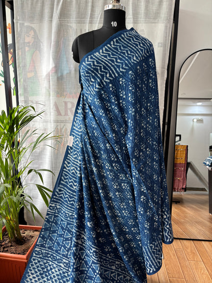 BLUE DABU MUL SAREE