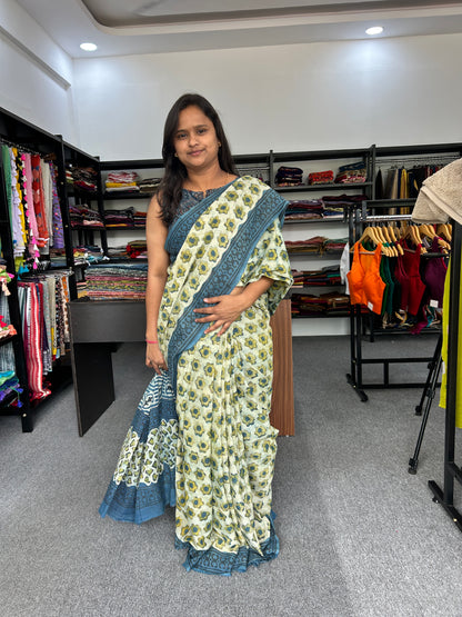 BLUE AJRAKH MUL SAREE
