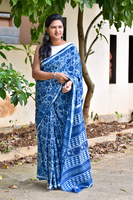 Blue dabu mul saree