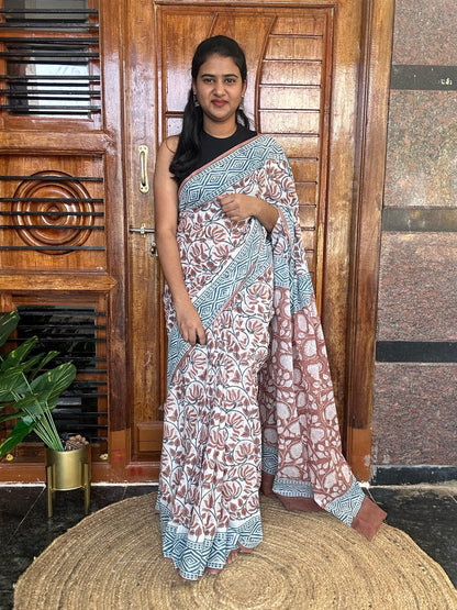 Brown handblock mulmul cotton saree
