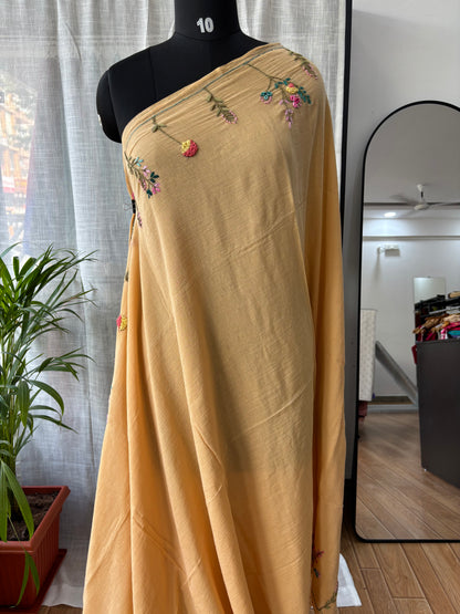 BEIGE EMBROIDERED MUL SAREE