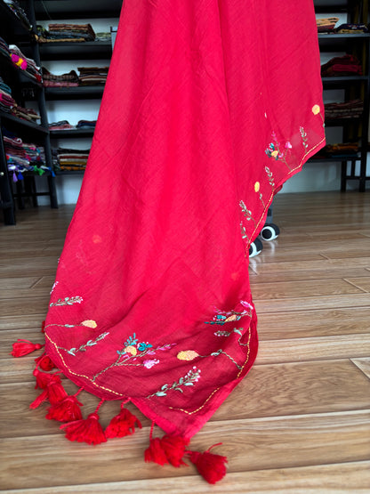 RED EMBROIDERED MUL SAREE