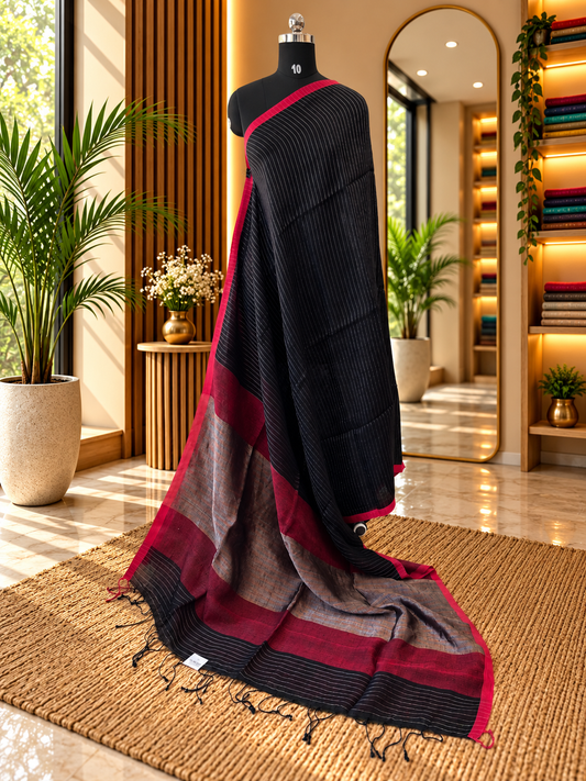 BLACK PURE LINEN SAREE