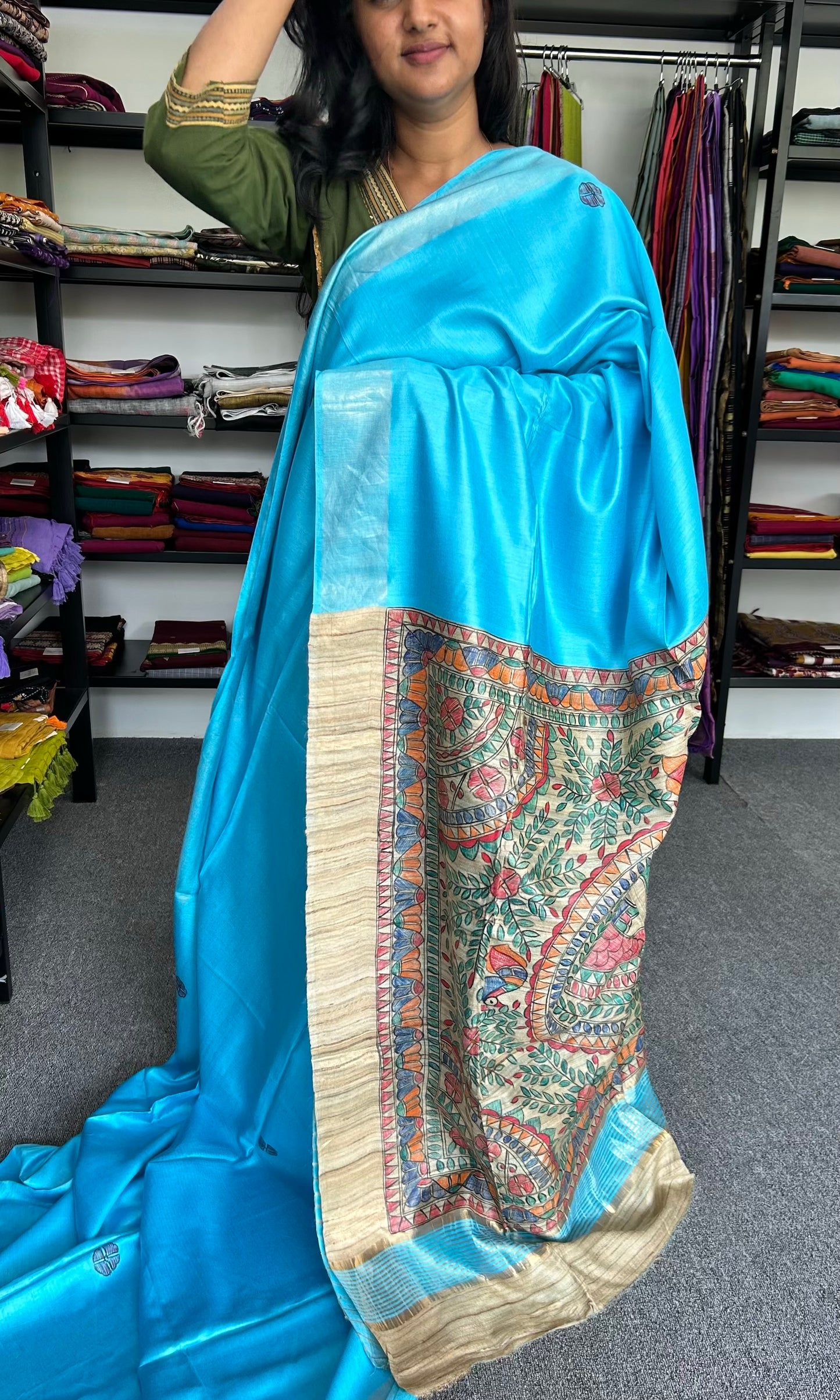 BLUE MADHUBANI SILK SAREE