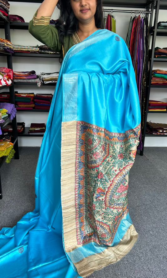 BLUE MADHUBANI SILK SAREE