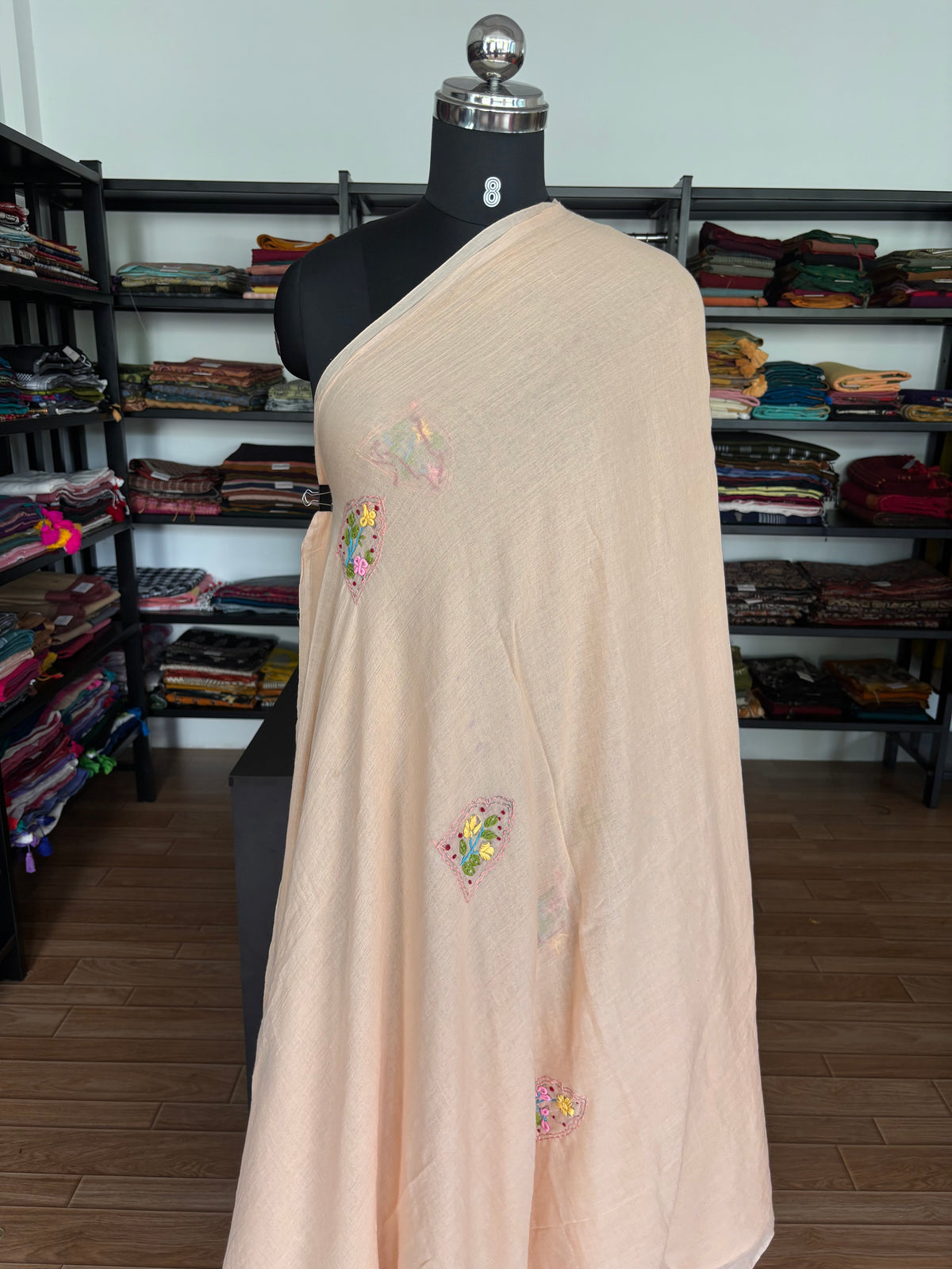 BEIGE EMBROIDERED MUL SAREE
