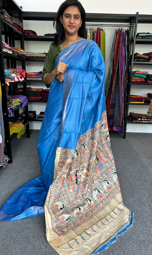 BLUE MADHUBANI SILK SAREE