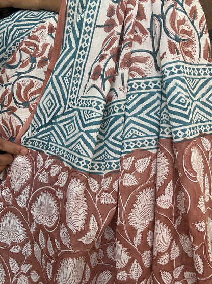 Brown handblock mulmul cotton saree