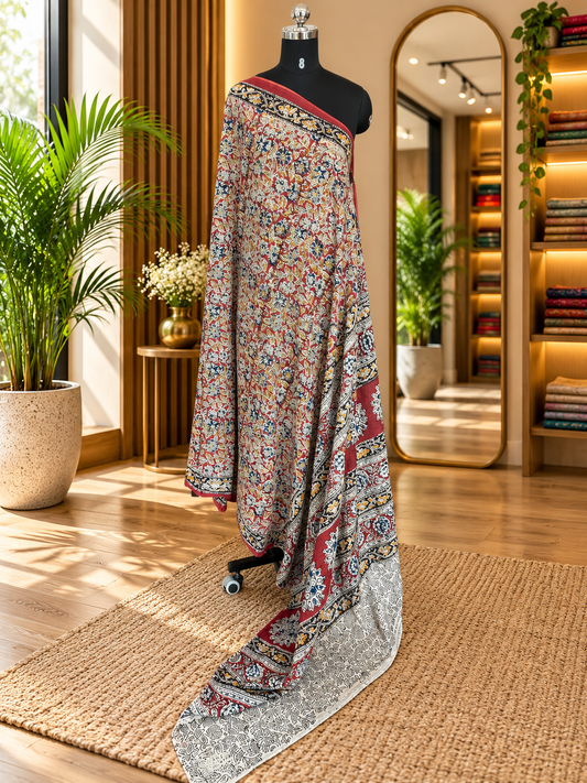 Red kalamkari mul saree