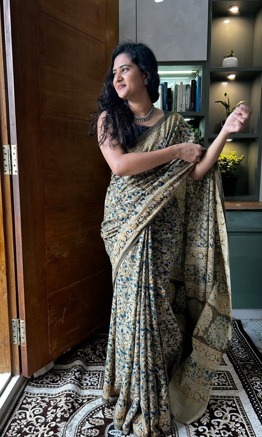 Green kalamkari mul saree