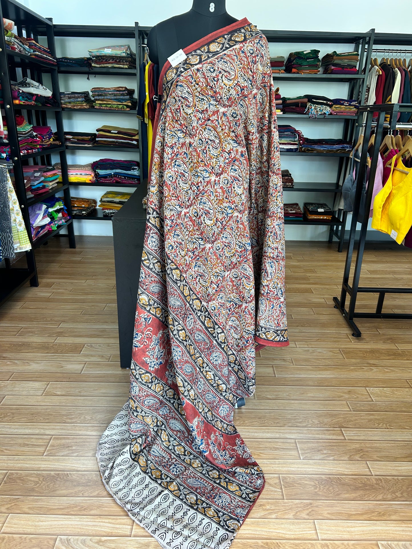 Red kalamkari mul saree