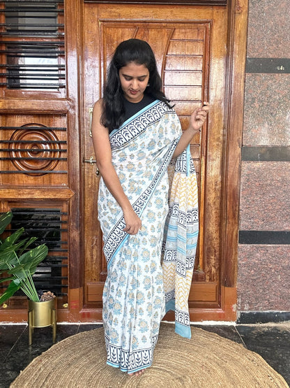 White handblock mulmul cotton saree