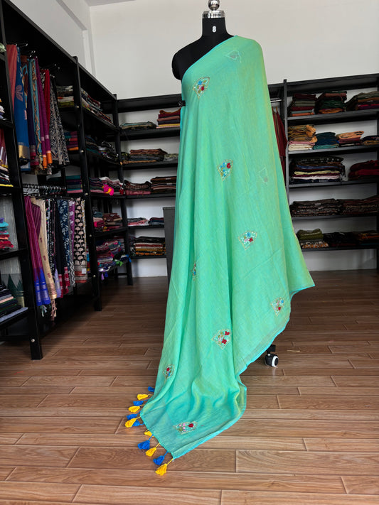 GREEN EMBROIDERED MUL SAREE