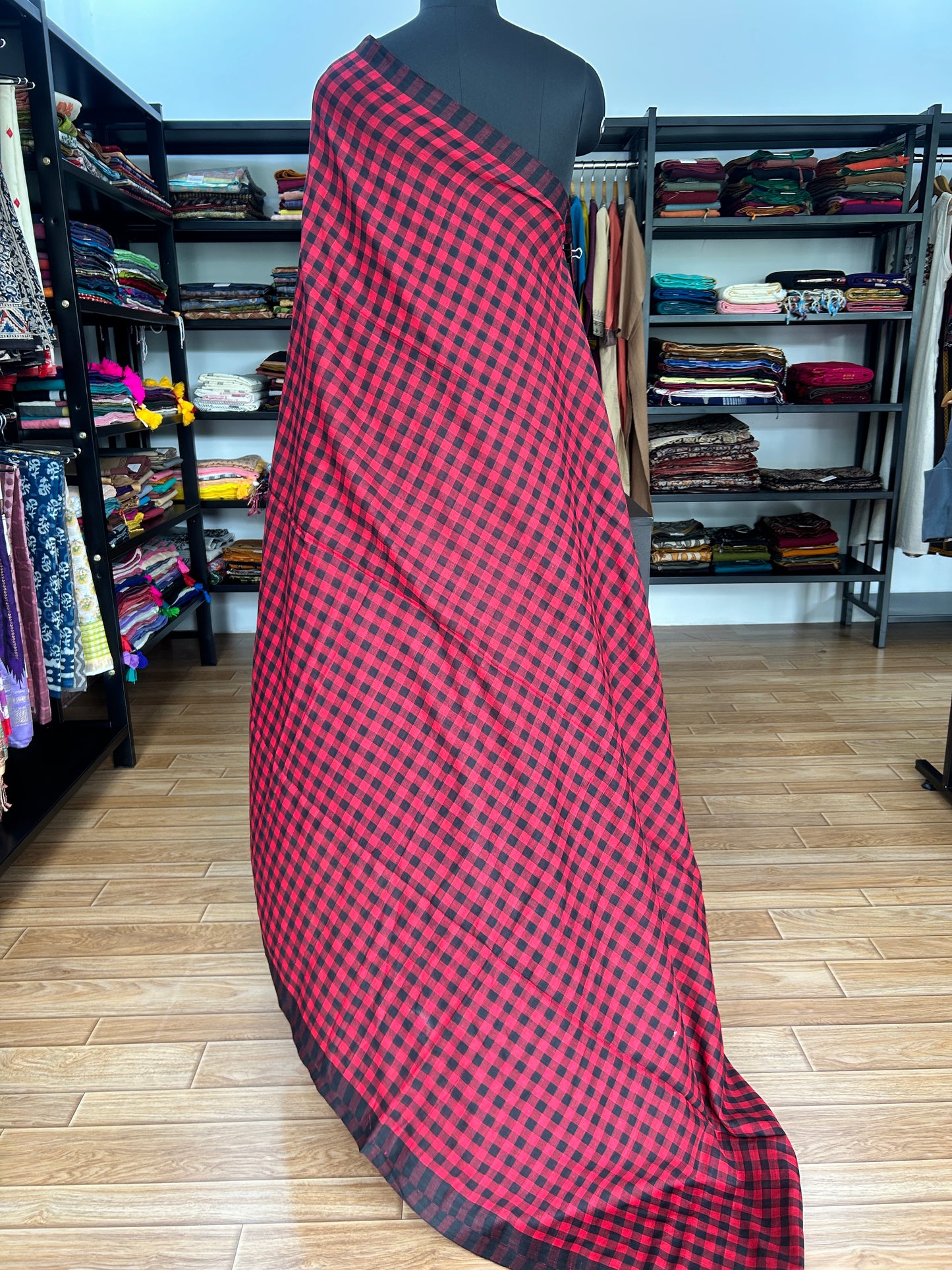RED CHECKS  MUL SAREE
