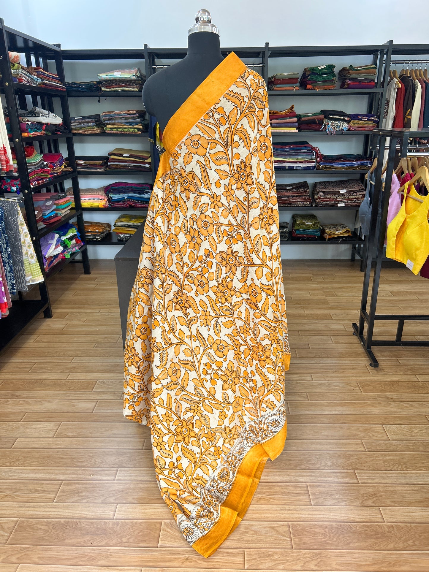 Yellow kalamkari saree