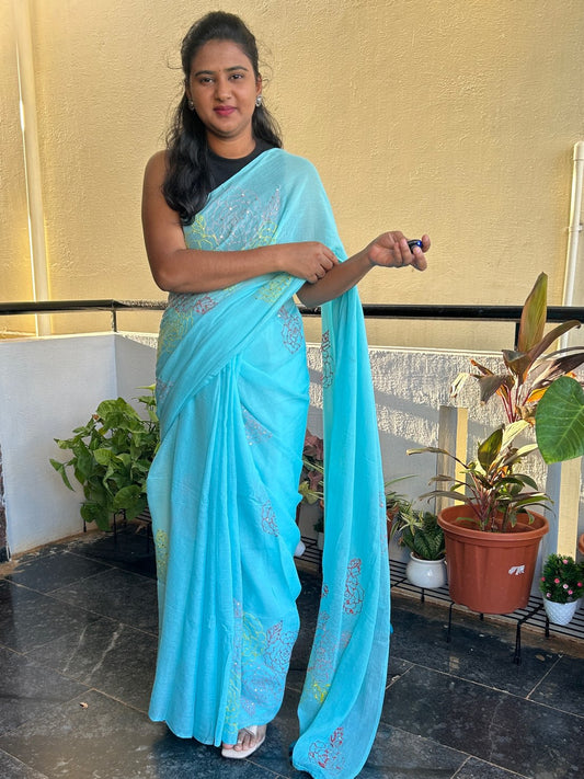 BLUE HAND EMBROIDERED MUL SAREE