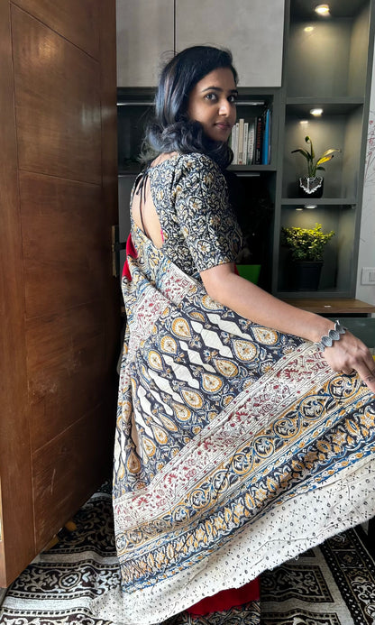 Red kalamkari mul saree