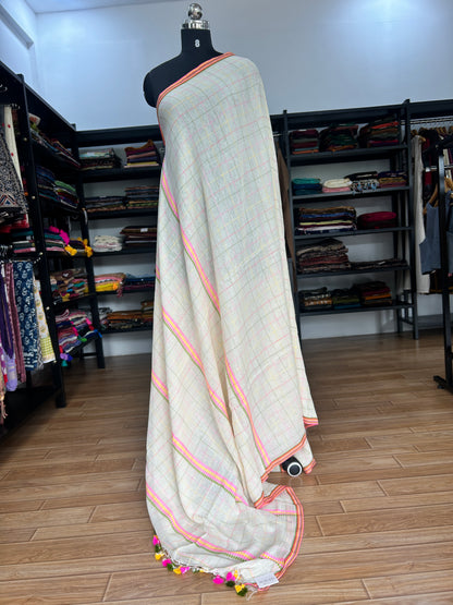 WHITE KATHA CHECKS  MUL SAREE